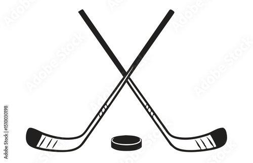 Crossed Hockey Sticks and Puck Icon Set – Black and Colorful Flat Design Illustrations for Ice Hockey, Winter Sports, and Team Logos. Hockey Stick Logo Vector Template Design. 