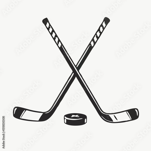 Crossed Hockey Sticks and Puck Icon Set – Black and Colorful Flat Design Illustrations for Ice Hockey, Winter Sports, and Team Logos. Hockey Stick Logo Vector Template Design. 