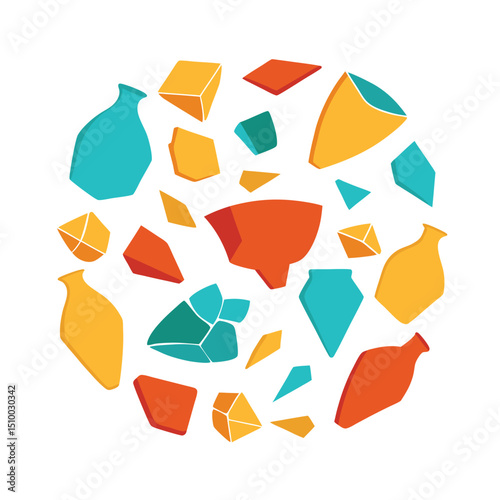 Abstract composition featuring geometric vase shapes and color blocked fragments on white background