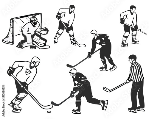 Ice Hockey Player Winter Sports Hockey Player Hockey Stickers Cut Files. Vintage Ice Hockey Player and Referee Vector Set – Black and White Sports Silhouettes and Illustrations.