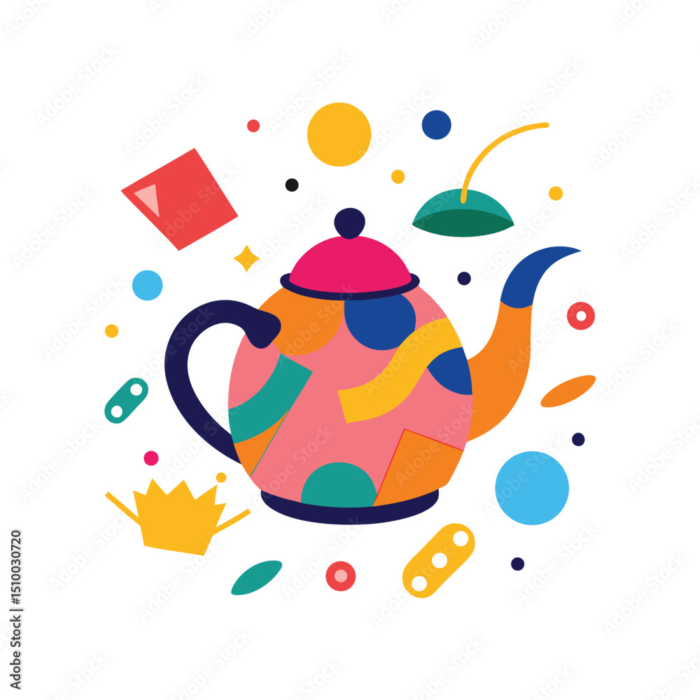 Colorful abstract illustration of a whimsical teapot with decorative shapes on white background