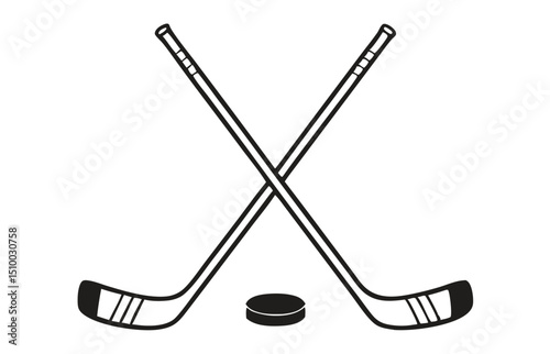 Crossed Hockey Sticks and Puck Icon Set – Black and Colorful Flat Design Illustrations for Ice Hockey, Winter Sports, and Team Logos. Hockey Stick Logo Vector Template Design. 