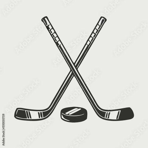 Crossed Hockey Sticks and Puck Icon Set – Black and Colorful Flat Design Illustrations for Ice Hockey, Winter Sports, and Team Logos. Hockey Stick Logo Vector Template Design. 