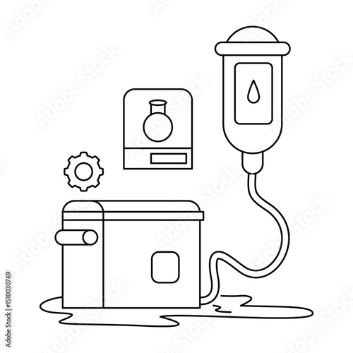 Flat line illustration of an IV bag, cooler, and gears, indicating a system. Suitable for medical research, laboratory settings, biotech, or healthcare innovation. Represents medical technology 