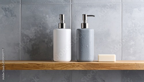 Neatly organized front view close-up of bathroom supplies. Grey textured background.