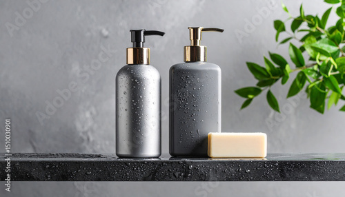 Neatly organized front view close-up of bathroom supplies. Grey textured background.