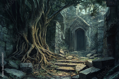 Forest ruins where tree roots overtake old stones