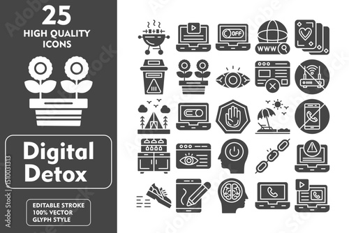 Digital Detox Glyph Icon Set. Incleded Icons Bbq, Video, Off, Internet, Cards, Bin, Gardening, Red Eye, No Web Page, No Router, Camping. Vector Icons Collection