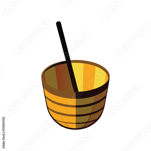Wooden bucket illustration with a black handle for a sauna or spa relaxation concept.