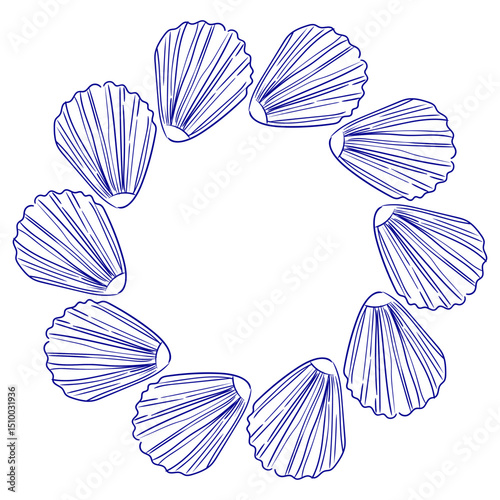 Circular arrangement of hand-drawn scallop shell illustrations in blue color showcasing marine elegance and design creativity
