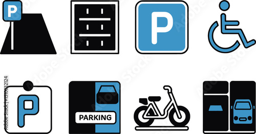 Flat Style Parking and Accessibility Icons on white  Background for Transportation and Urban Planning Projects