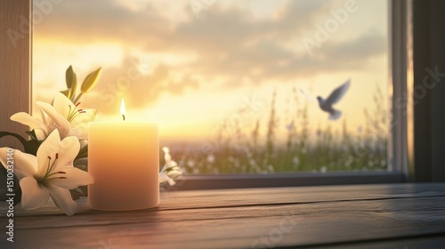 Peaceful candle memorial scene with white lilies and soft sunset light for funeral template use