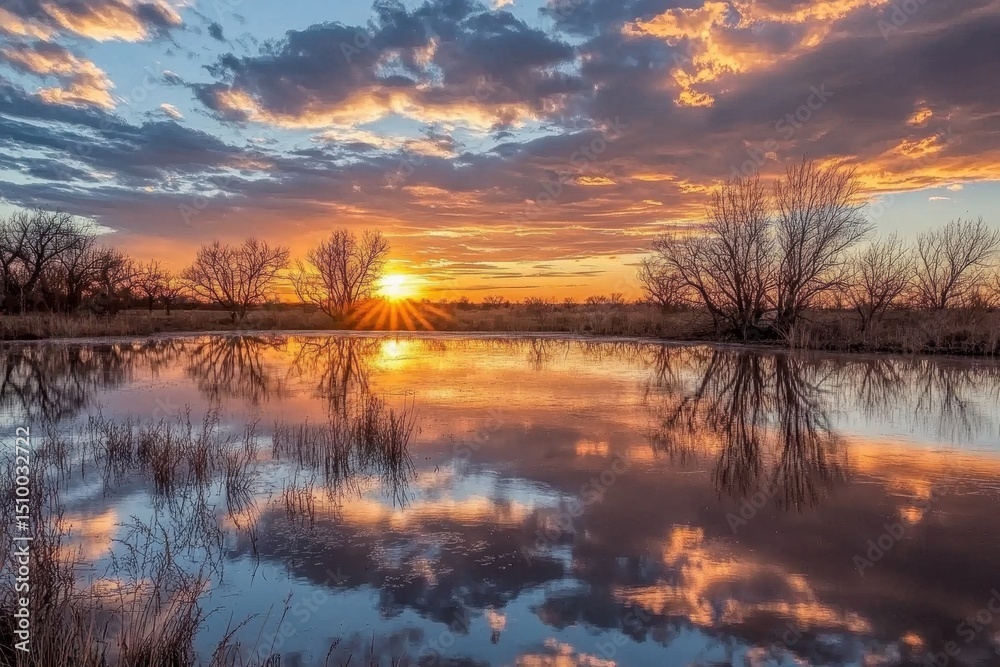 Obraz premium Time Lapse captures serene sunset over tranquil lake reflecting vibrant colors in the sky, Time lapse of lake at sunset