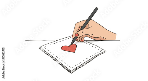 hand drawing a heart shape on paper with a pen in a creative pose on a white background