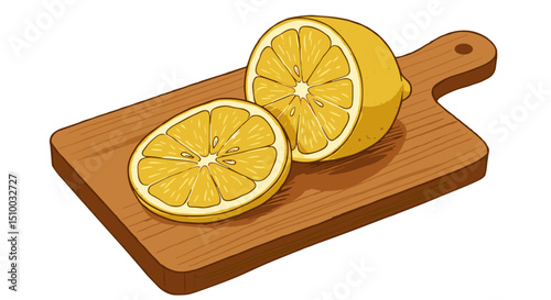 halved lemon on a wooden cutting board with a slice removed against a white background
