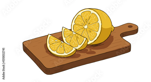 freshly cut lemon slices on a wooden cutting board against a white background