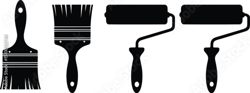 Silhouette Paint Brushes and Rollers Vector Icons, Home DIY Tool Set.