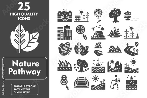 Nature Pathway Glyph Icon Set. Incleded Icons Camera, Bench, flower, Tree, Trail, Town, Exploration, Camping, Summit, Pine Forest, Leaf. Vector Icons Collection