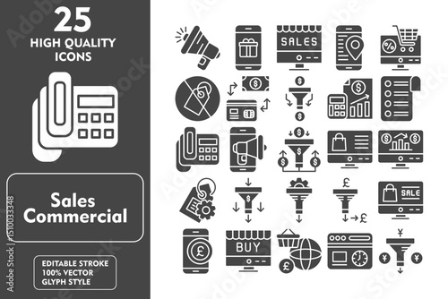 Sales Commercial Glyph Icon Set. Incleded Icons Announcement, Gift Box, Sales, Placeholder, Ecommerce, No Sales, Payment Method, Sales Pipeline. Vector Icons Collection