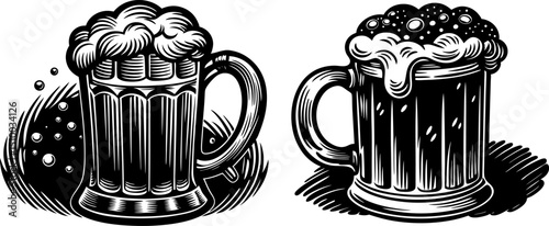 Silhouette of a beer mug with frothy foam on top. Hand drawn beer mugs with foam splashing.