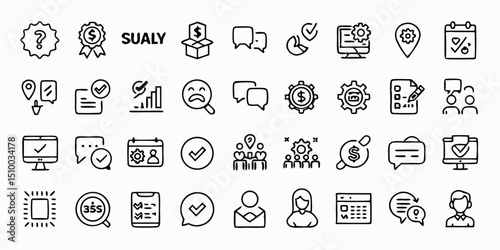 A set of clean line-style icon set of 30 benefit and reward elements on white background level-up arrow, appreciation medal, trust seal, success crown, priority pass, user star, unlock door