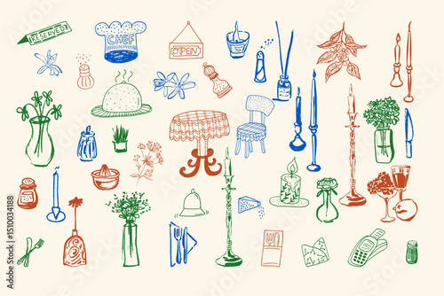 A collection of ink hand-drawn decor illustrations, perfect for menus, packaging, cafe and restaurant branding, interior design, or printed materials.