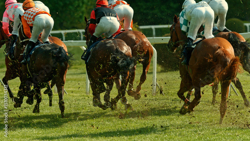 Racehorses in a line gallop up to the Winning Line together, freeze motion