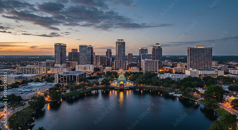 Fototapeta premium City Skyline Reflecting in Lake at Dusk with Buildings and Trees