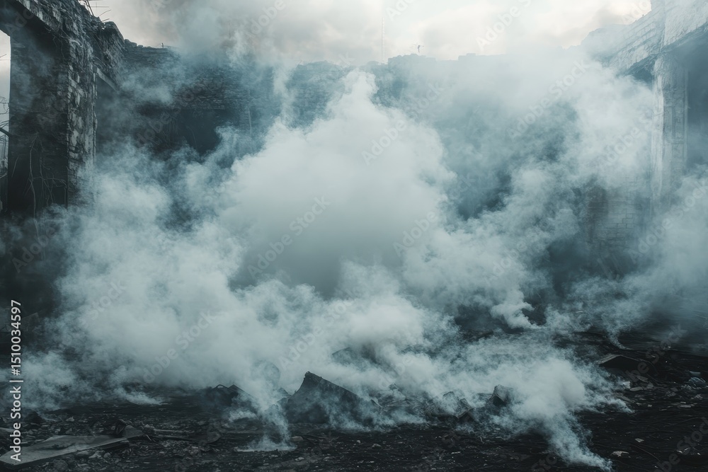 Fototapeta premium Heavy smoke billows from ruins in a disaster struck area following an unexpected catastrophe, Disaster scene, smoke in the ruin scene, heavy smoke with alpha