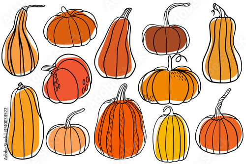 Line art pumpkin set. Minimalist autumn and Halloween collection with various pumpkins in different shapes. Perfect for seasonal decoration, prints, stickers, cards, and packaging.