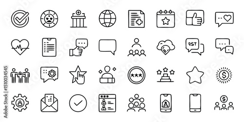 A set of clean line-style icon set of 30 benefit and reward elements on white background loyalty badge, user crown, discount tag, bonus vault, verified ID, cashback ticket