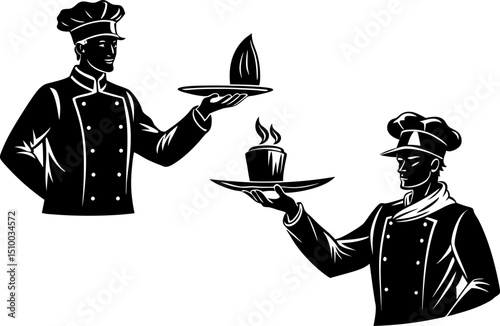 Silhouette of a chef holding a tray., waiter serving tray