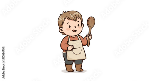 happy child holding a wooden spoon wearing an apron in a playful pose against a white background
