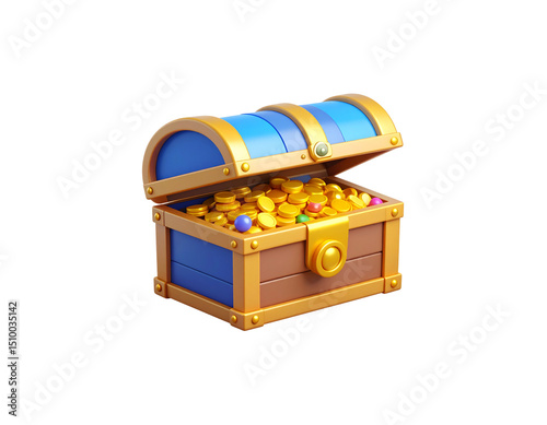 Old wooden treasure chest overflowing with gold coins on white background
