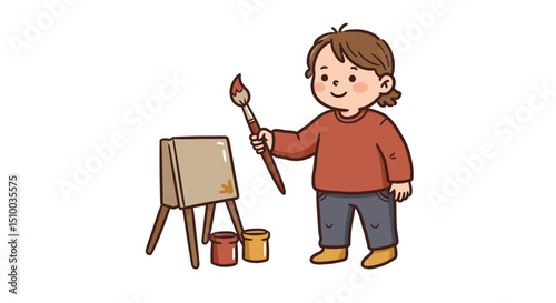happy child painting on an easel with a brush and colors in a creative pose against a white background