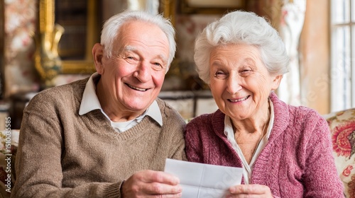 Elderly couple happily receiving social security documents in envelope, smiling with joy and relief. Retirement planning, pension benefits and senior citizen financial security concepts.