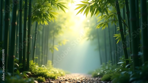 Serene Bamboo Forest Path  Sunlit Nature Scene