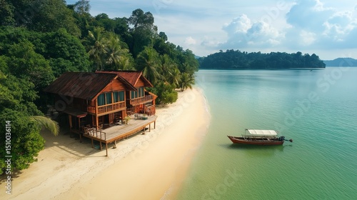 Tropical island beach view with a house and traditional wooden boat near