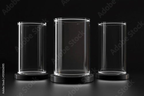 Glass cylinder podium with reflective surface lighting