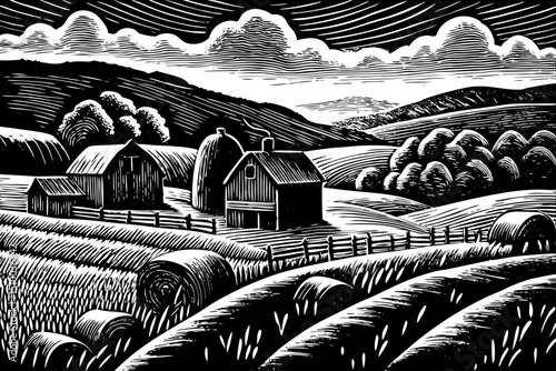 Rural landscape with a farm in engraving black and white hand drawn sketch outline