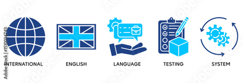 IELTS icon set vector illustration concept relate to International English Language Testing System with an icon of globe, England flag, communication, evaluation, and gears