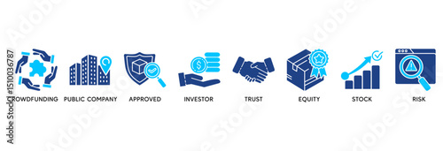 Ipo icon set vector illustration concept relate to initial public offering with icon of crowdfunding, public company, approved, investor, trust, equity, stock and risk