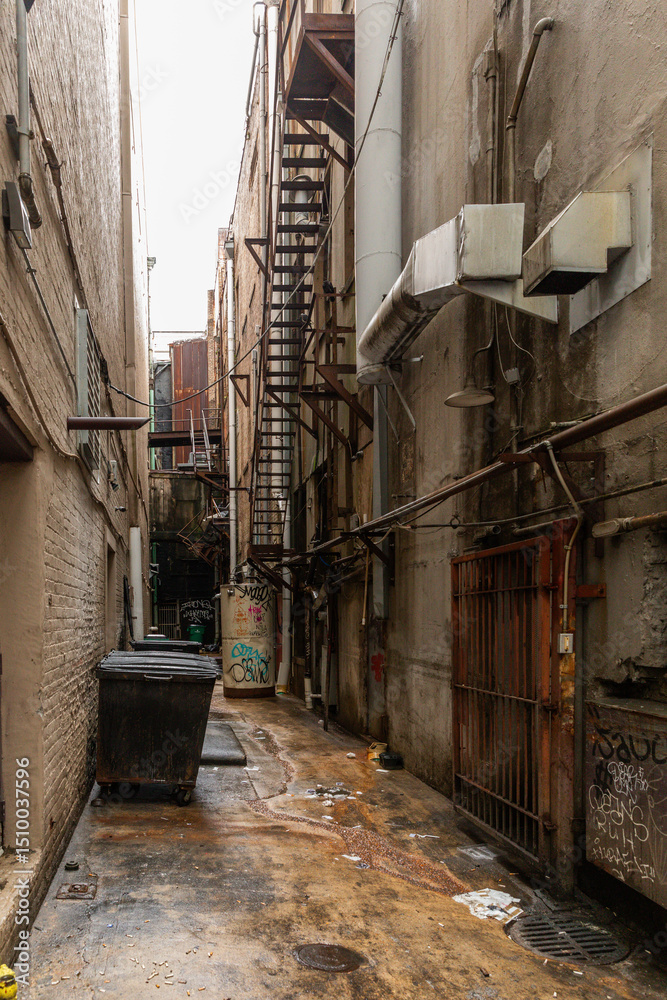Fototapeta premium A moody, narrow alleyway runs between apartment blocks, with a solitary dumpster adding to the cinematic atmosphere