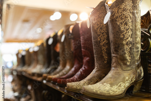 A long shelf displays a neat row of cowboy boots in various styles and colors