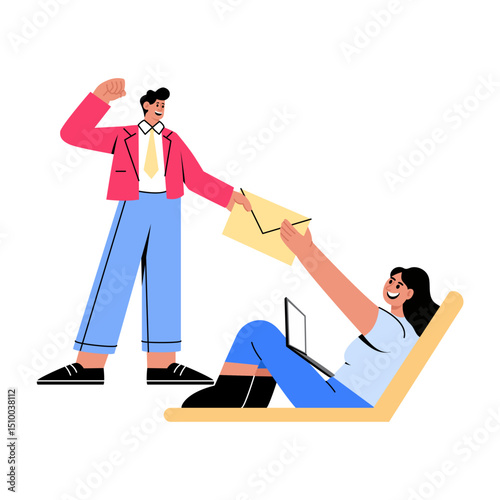 Flat style illustration depicting a character getting job confirmation letter
