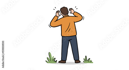 man celebrating joyfully with raised hands in a nature setting on a white background