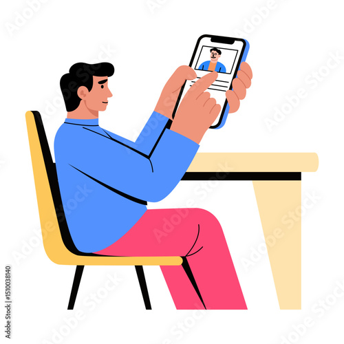 Flat style illustration showing a character checking online profile
