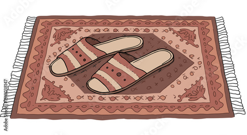 slippers placed on a decorative carpet in a cozy indoor setting
