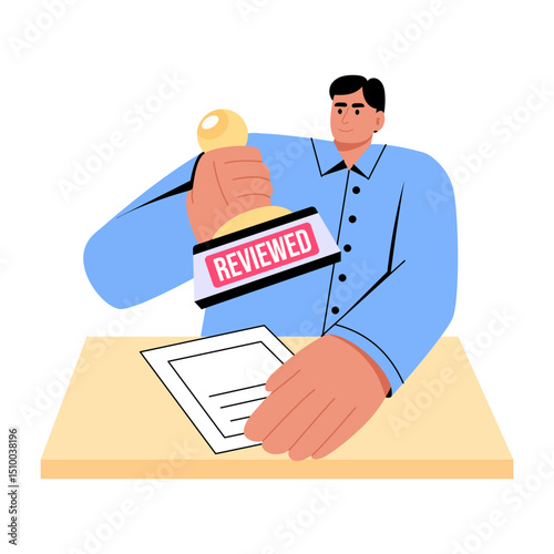 Flat style illustration showing a recruiter marking a reviewed stamp