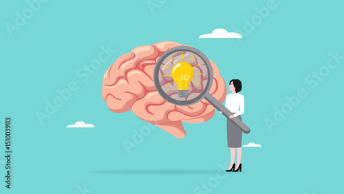 brain searching idea, looking for new business strategies or opportunities, finding solution to a problem concept, businesswoman looking for light bulb idea from human brain using magnifying glass
